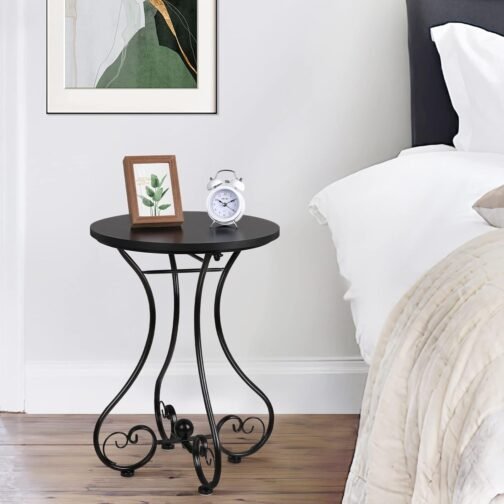 Phooldaan Decor Modern Black Round Side Table With Metal Frame And