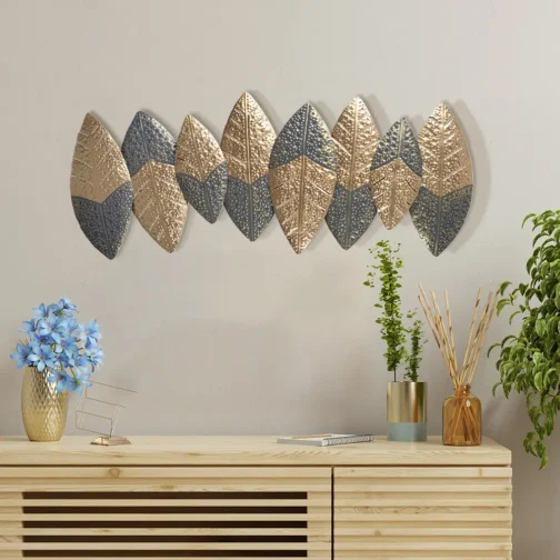 Phooldaan Decor | Golden And Grey Metal Leaves Wall Decor