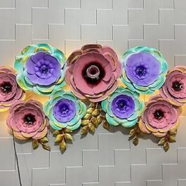 Phooldaan Decor | Metal Pink and Violet Rose Flowers with Golden Leaves With LED Lights
