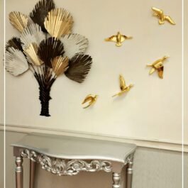 Phooldaan Decor | Golden Brown Silver Palm Metal Tree Wall Decor With Golden Flying Birds
