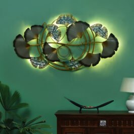 Phooldaan Decor | Ring Shaped Metal Wall with Ginkgoo Leaf with LED Light Decor