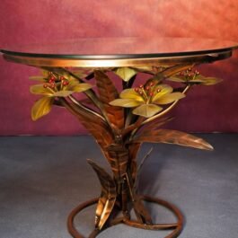 Phooldaan Decor | Centre table – Metal Golden flowered table with Glass Top