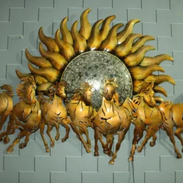 Phooldaan Decor | Elegant Golden Running 7 Horse With Sun Metal Wall Decor