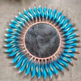 Phooldaan | Handcrafted Metal Mirror With Blue And Copper Leaf Design
