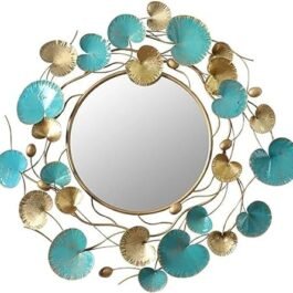 Phooldaan | Large Gold and Blue Metal Lotus Leaf Frame Round Wall Mounted Mirror