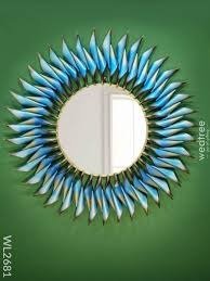 Phooldaan | Handcrafted Metal Mirror With Blue And Copper Leaf Design