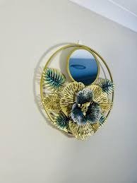 Phooldaan | Creative Metal Large Ginkgo Leaves Artistic Wall Mirror (Gold and Green)