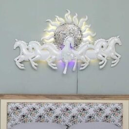 Phooldaan Decor | Metal White Seven Horses Running with Sun Wall Decor Art with Backlights