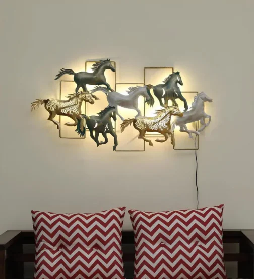 Phooldaan Decor | Metal Stallions Wall Decor With LED Lights