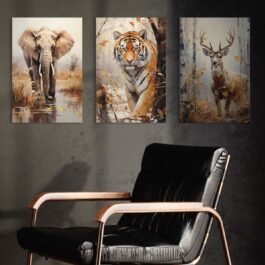 Phooldaan Decor | 3-Piece Elephant, Deer, and Tiger Jungle Canvas Set