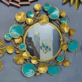 Phooldaan | Large Gold and Blue Metal Lotus Leaf Frame Round Wall Mounted Mirror