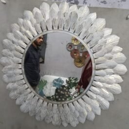 Phooldaan | Round Mirror With White Feather-Shaped Frame