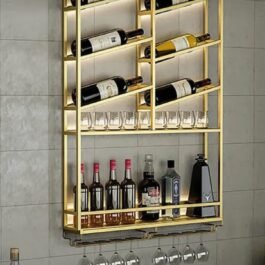 Metal Wall Mounted Gold Wine Rack with Glass & Bottle Rack