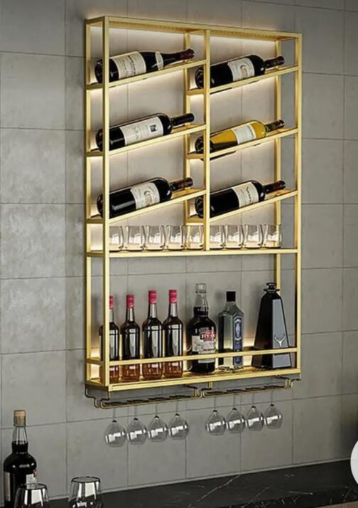 Metal Wall Mounted Gold Wine Rack with Glass & Bottle Rack