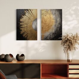 Phooldaan Decor | Golden Black Circular Texture design Modern Abstract Canvas: Set Of Two