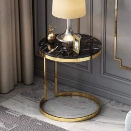 Phooldaan | Black Round Marble Side Table With Gold Stainless Steel Frame