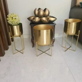 Phooldaan | Living Wide Gold Planter with Detachable Metal Stand (Set of 3)