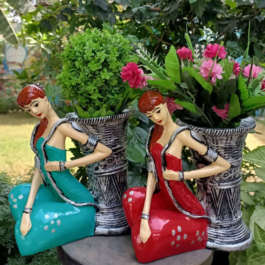 Phooldaan | Basket Lady Planter Pot (Multicolor) 2 Pair | Polyresin