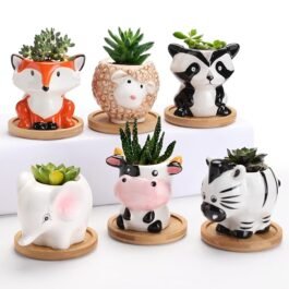Phooldaan | Cartoon Animal Panda Fox Cow Elephant Sheep Zebra Shaped Planter Pot | Set Of 6