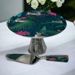 Floral Design  Steel  Cake Stand Set  With  Spatula | Round Shape