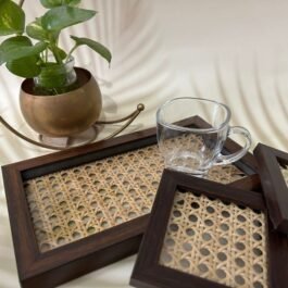 Rattan & Wood Serving Tray With 2 Coaster