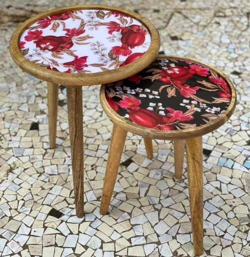 wooden Floral Hand Crafted Side Table Set