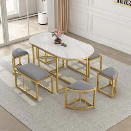 Metal Frame Marble Top Oval Dining Table