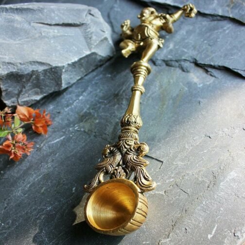 Ancient Brass Ganesha Aarti/Pooja/Hawan Spoon with Ganesha on Top