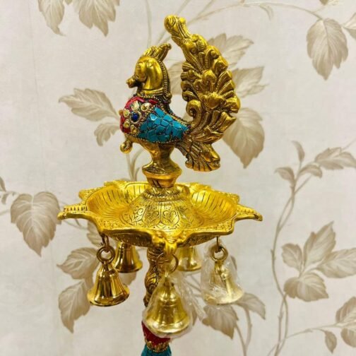 Beautiful Brass Peacock With Hanging Bells Diya