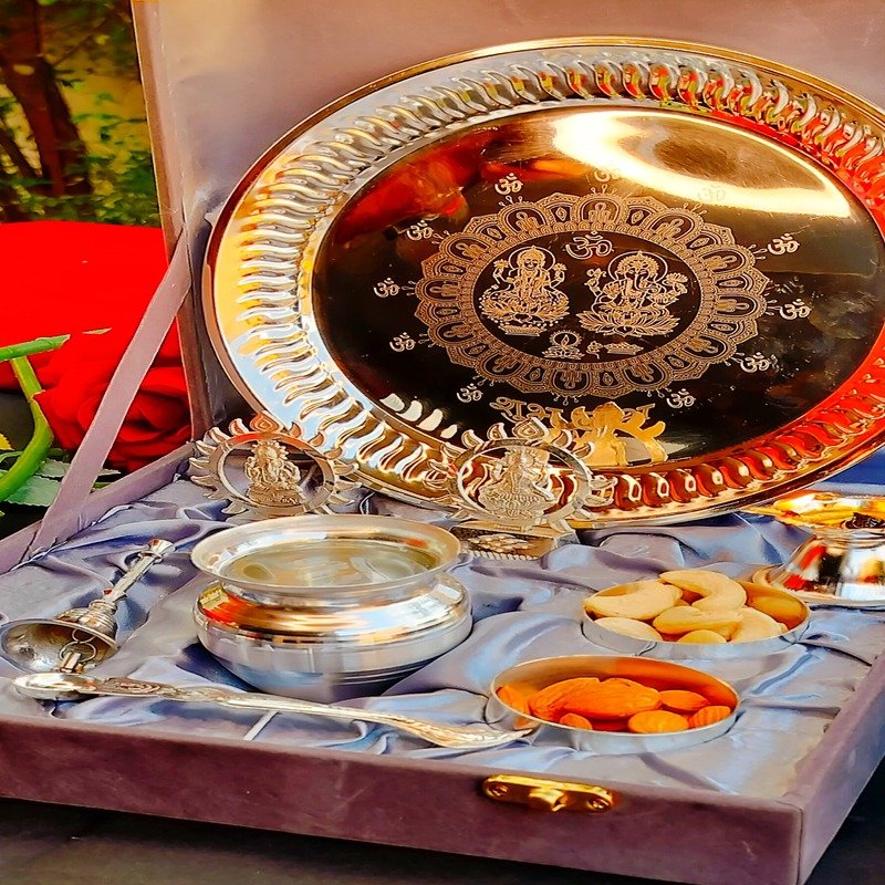 German Silver Laxmi Ganesh Thali Pooja Set