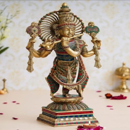 Brass Krishna Statue Multicolor Gemstone home decor