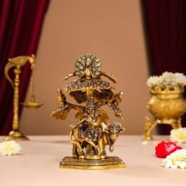 Brass Lord Krishna with Cow Idol Under Tree