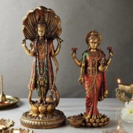 Classy Copper Finished Polyresin Lord Narayan and Goddess Lakshmi Statue