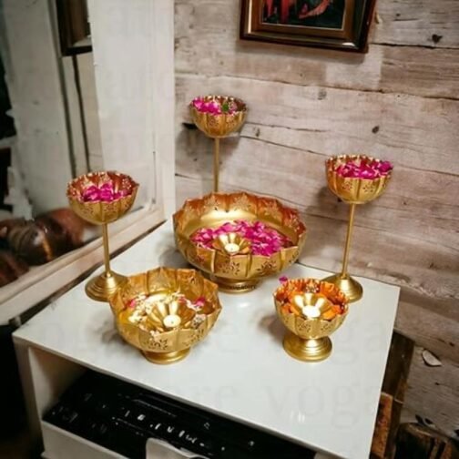 Decorative Brass Lotus Cut Urli and Brass Lotus Cut Stand