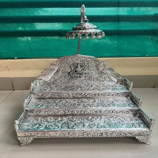 Engraved German Silver 3 Step Laxmi Simhasan for Pooja