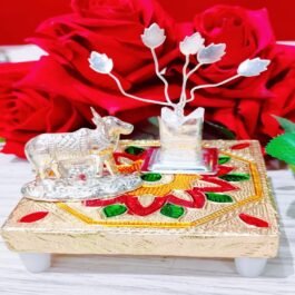 German Silver Kamdhenu Cow and Tulsi with Meenakari Pooja Chowki Set