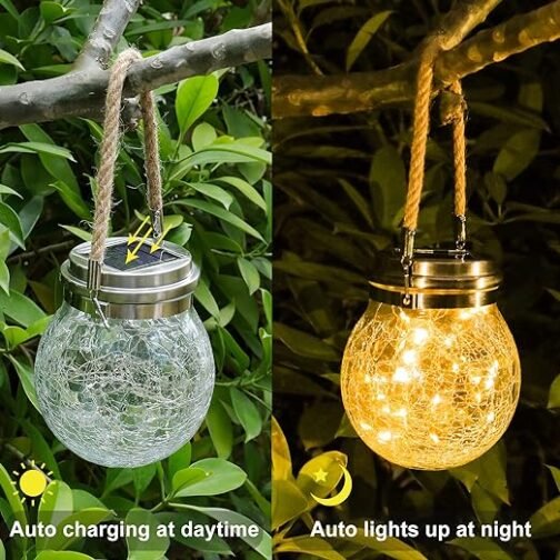 Solar-powered hanging garden light charging during the day and glowing at night