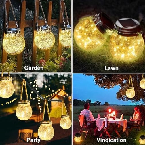 Solar-powered hanging lights used in garden, lawn, party, and outdoor dining settings