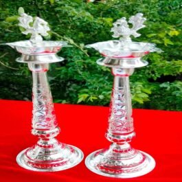 Sleek German Silver Peacock Design Stand Diya Pair