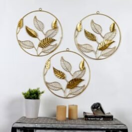 Stylish Metal Wall Art: Set of 3 Circles with Gold Leaves